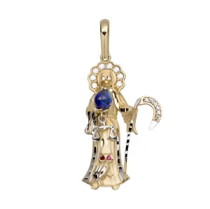 1 1/2" CZ Halo Santa Muerte Angel of Death Pendant 10K Yellow Gold