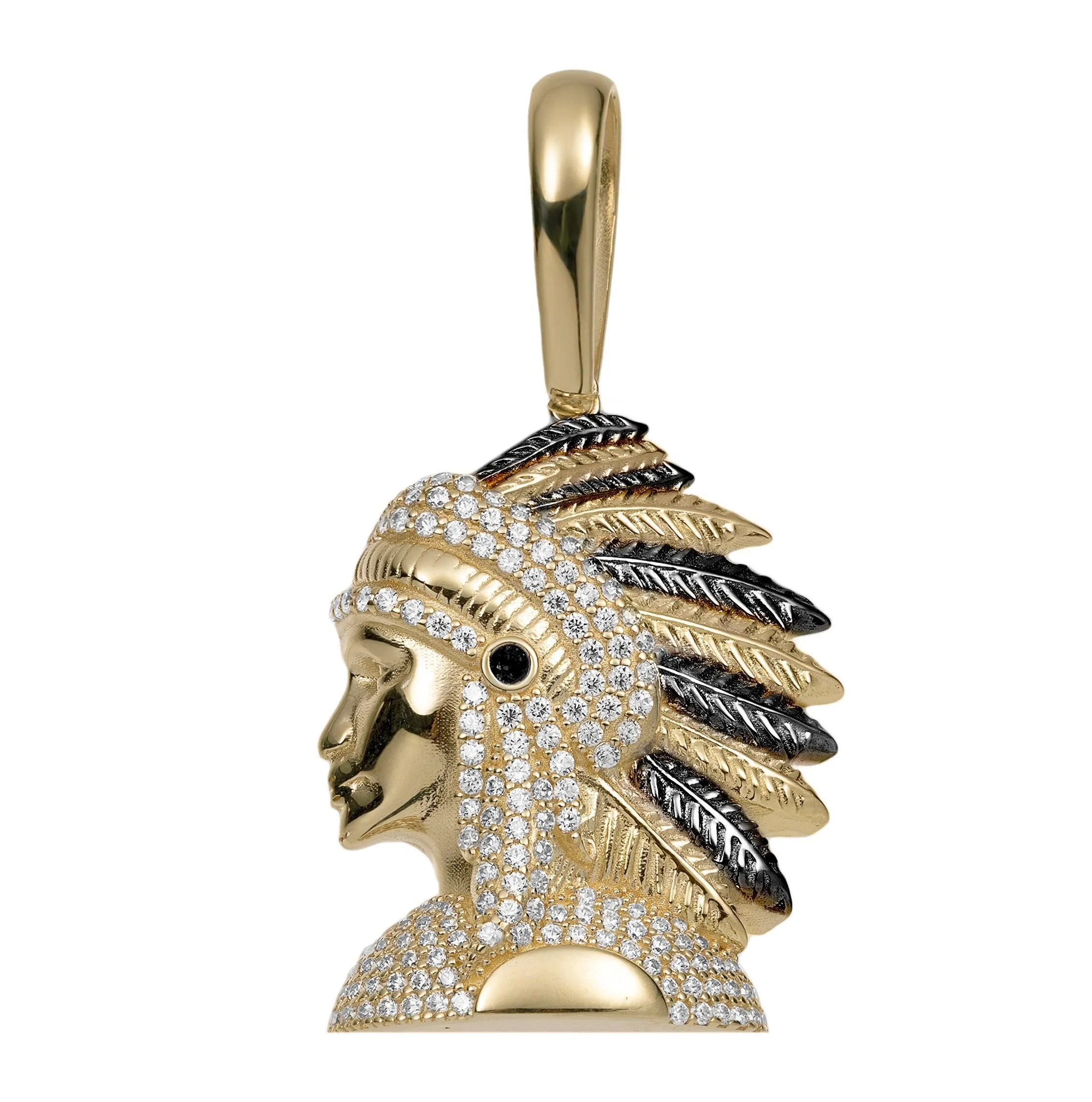 1 1/2" CZ Indian Chief Pendant 10K Yellow Gold