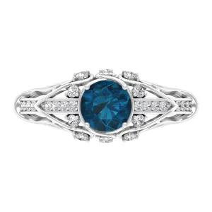 1 CT London Blue Topaz Solitaire and Diamond Vintage Ring