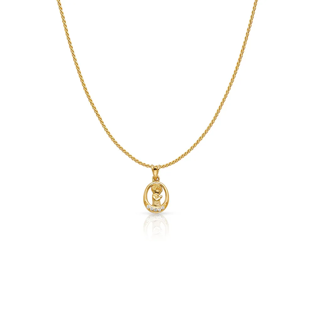 14K Gold CZ Boy Prayer Charm Pendant with 0.9mm Wheat Chain Necklace