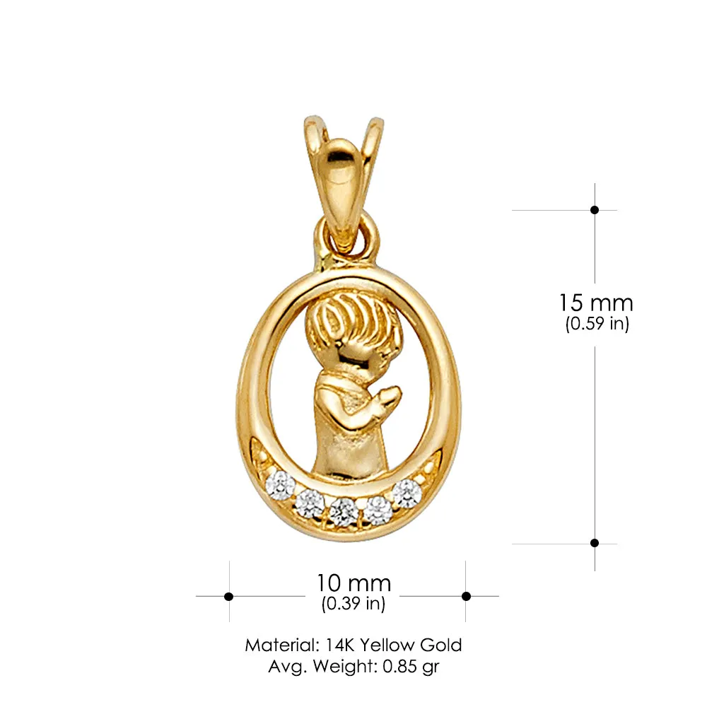 14K Gold CZ Boy Prayer Charm Pendant with 0.9mm Wheat Chain Necklace