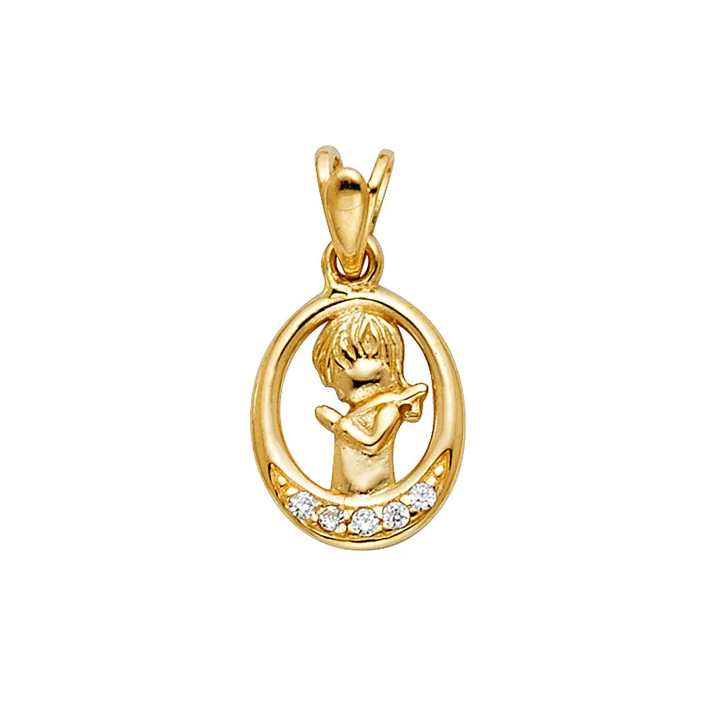 14K Gold CZ Girl Prayer Religious Pendant