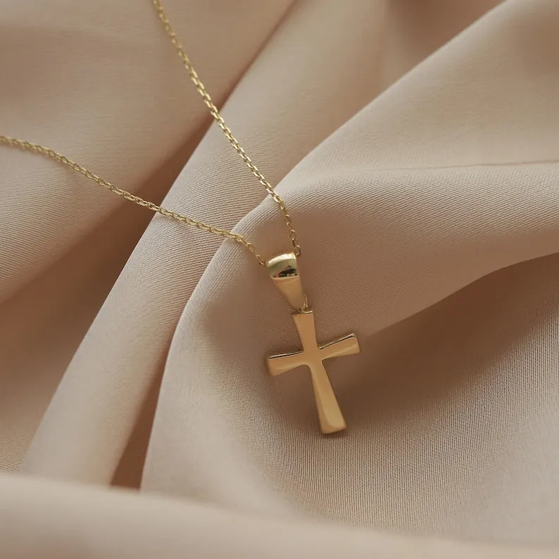 14K Gold Minimal Cross Pendant Religious Necklace Jewelry for Women and Men