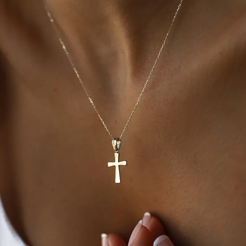 14K Gold Minimal Cross Pendant Religious Necklace Jewelry for Women and Men