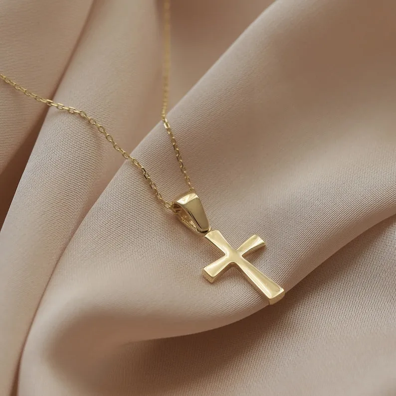 14K Gold Minimal Cross Pendant Religious Necklace Jewelry for Women and Men