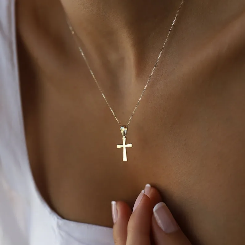 14K Gold Minimal Cross Pendant Religious Necklace Jewelry for Women and Men