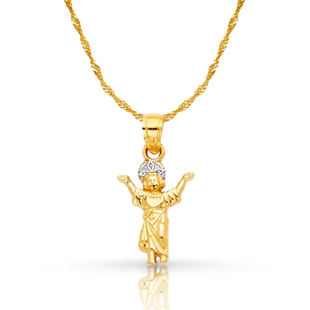 14K Gold Praying Jesus Yo Reinare Pendant with 1.2mm Singapore Chain