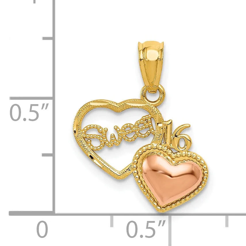 14k Two Tone Gold Sweet 16 Heart Pendant