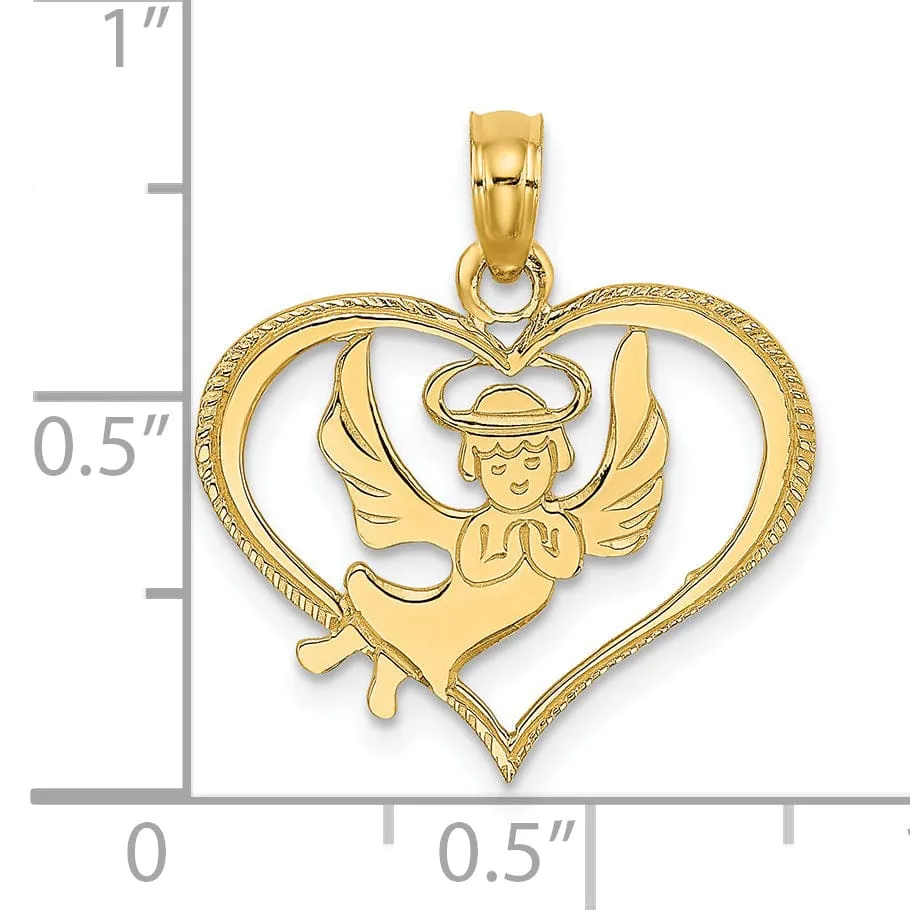 14K Yellow Gold Polished Finish Flat Back Angel In Heart Pendant