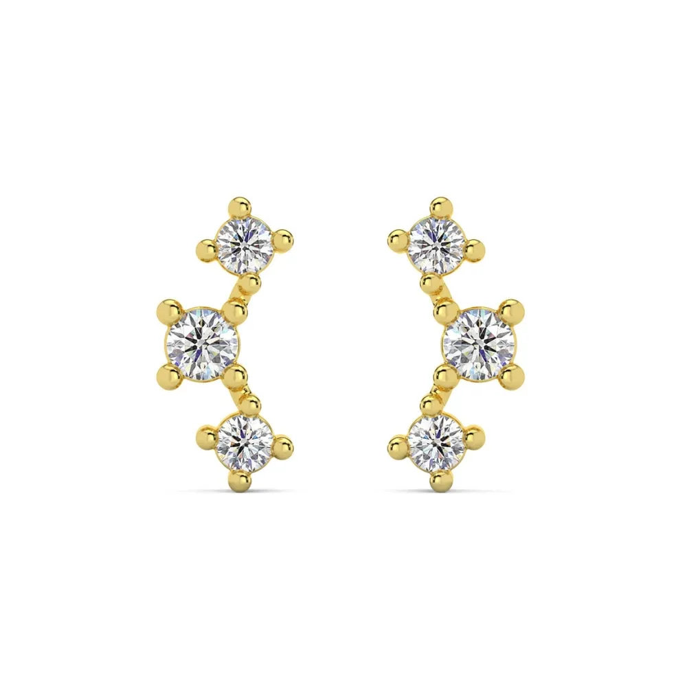 1/5Ct TW 3-Stone Diamond Crawler Earrings 14k Gold Studs Lab Grown 1/3" Tall