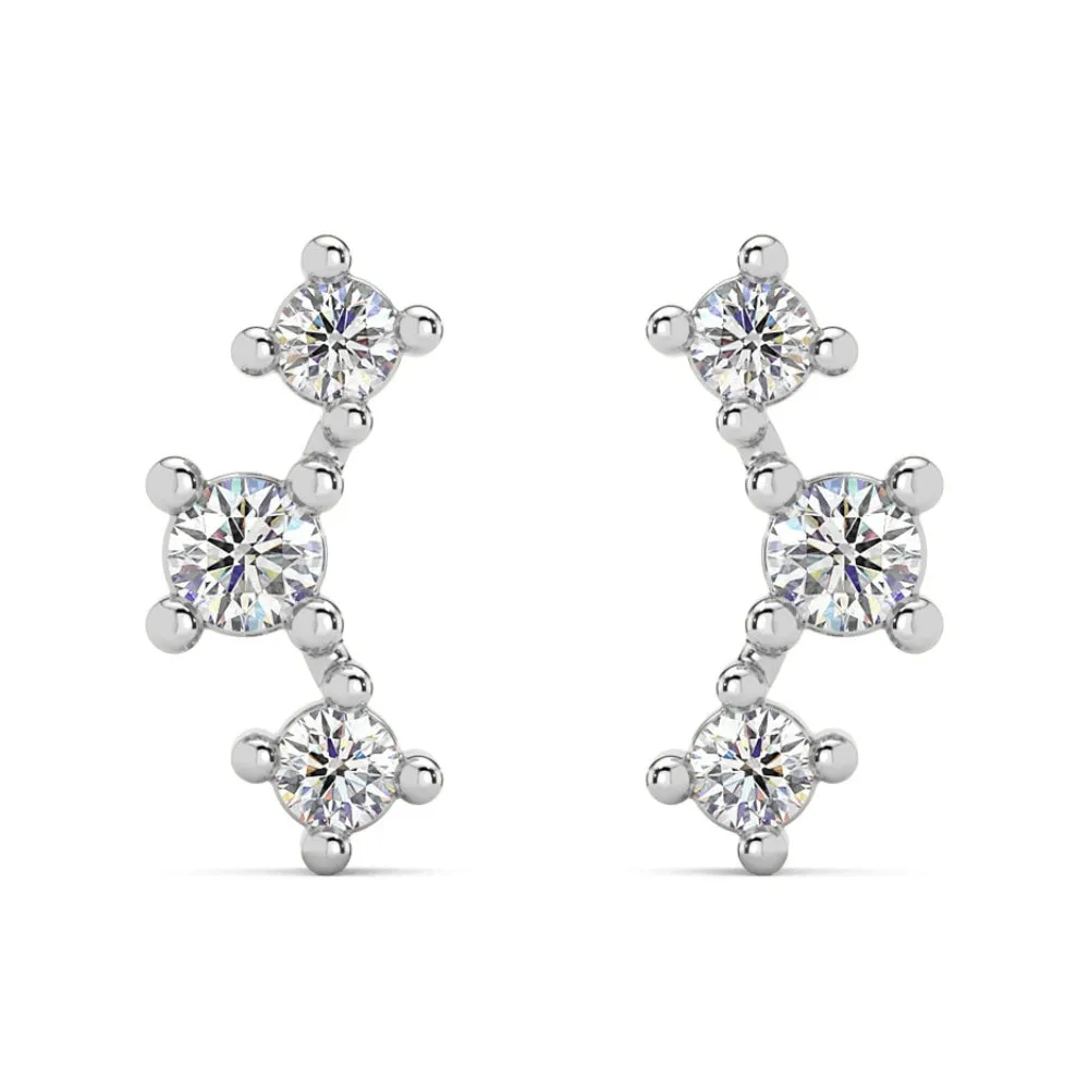 1/5Ct TW 3-Stone Diamond Crawler Earrings 14k Gold Studs Lab Grown 1/3" Tall