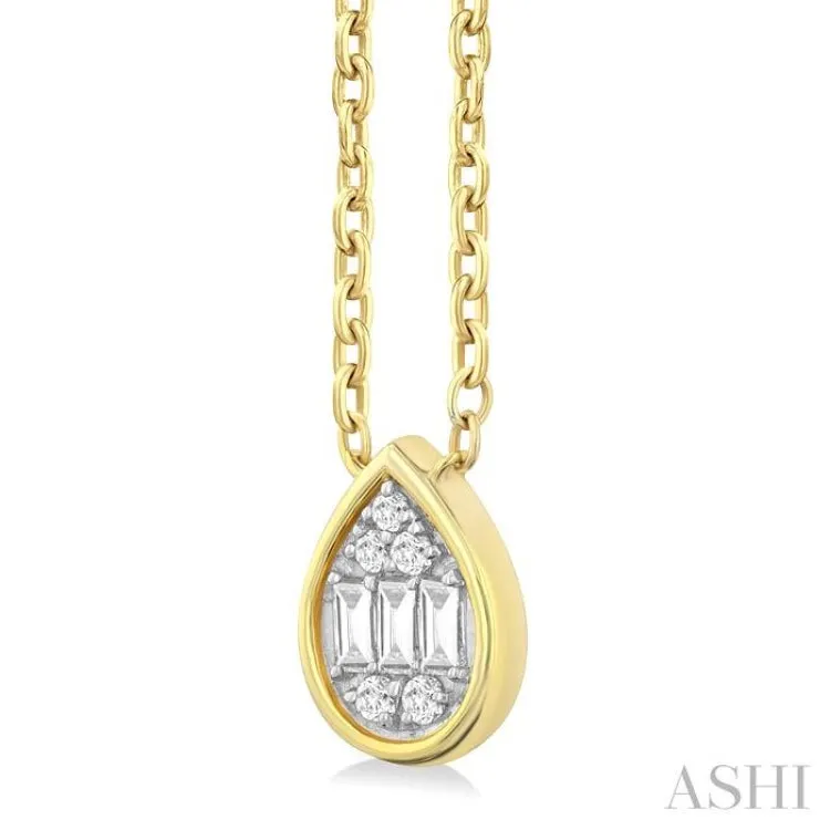 1/6 Ctw Petite Bezel Set Pear Shape Fusion Baguette and Round Cut Diamond Fashion Pendant With Chain in 10K Yellow Gold