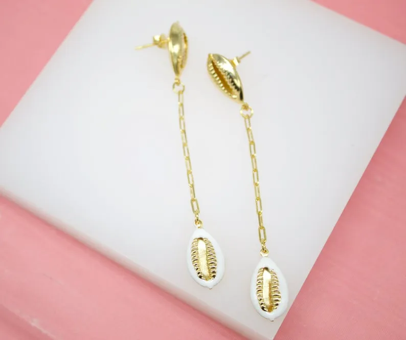 18K Gold Filled Puka Shell Long Dangle Drop Earrings