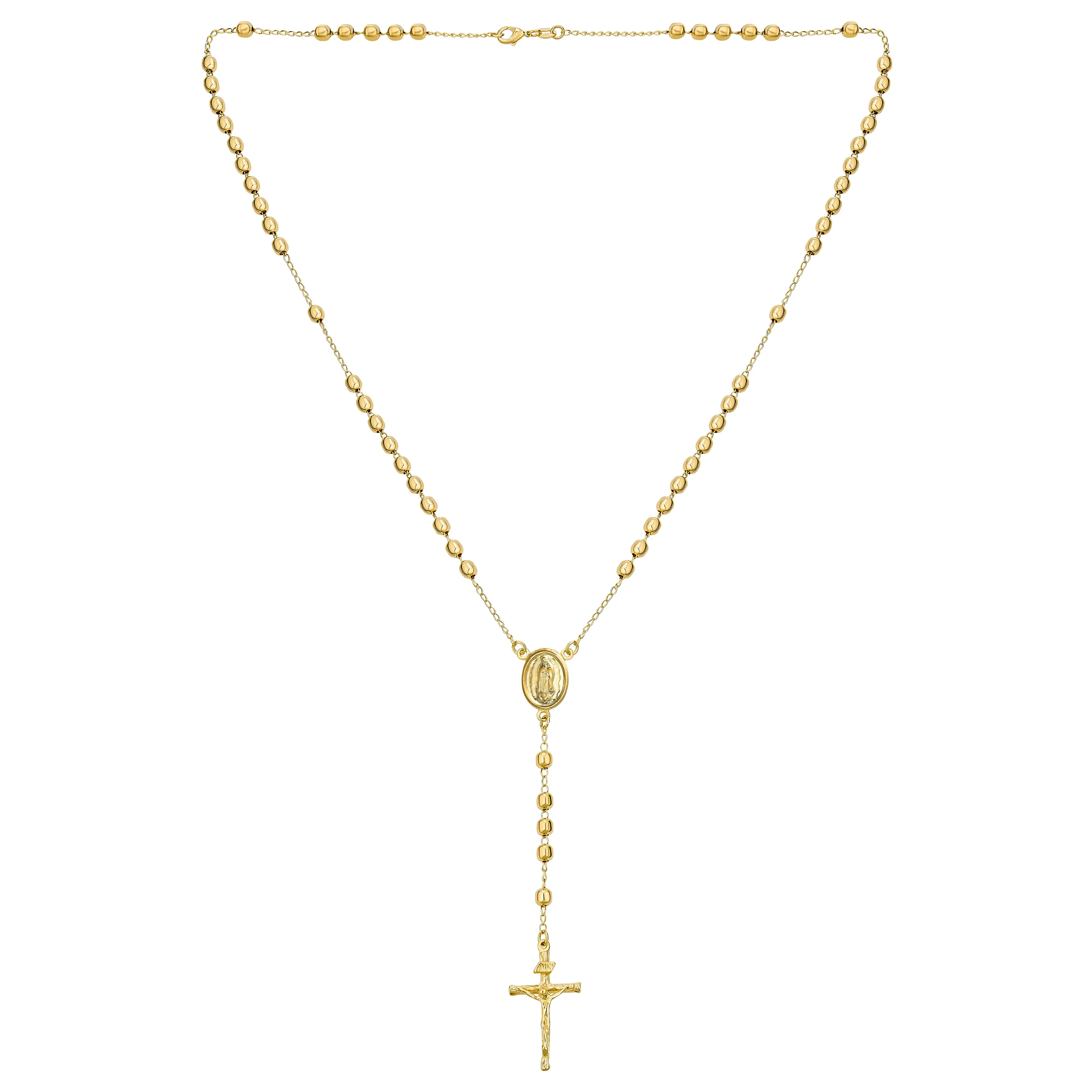 18K Gold Plated Virgin Mary Rosary Necklace with Crucifix and Beads