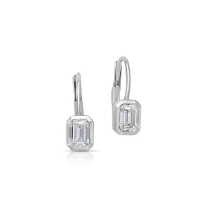 18KW Emerald Cut Bezel Drop Earrings