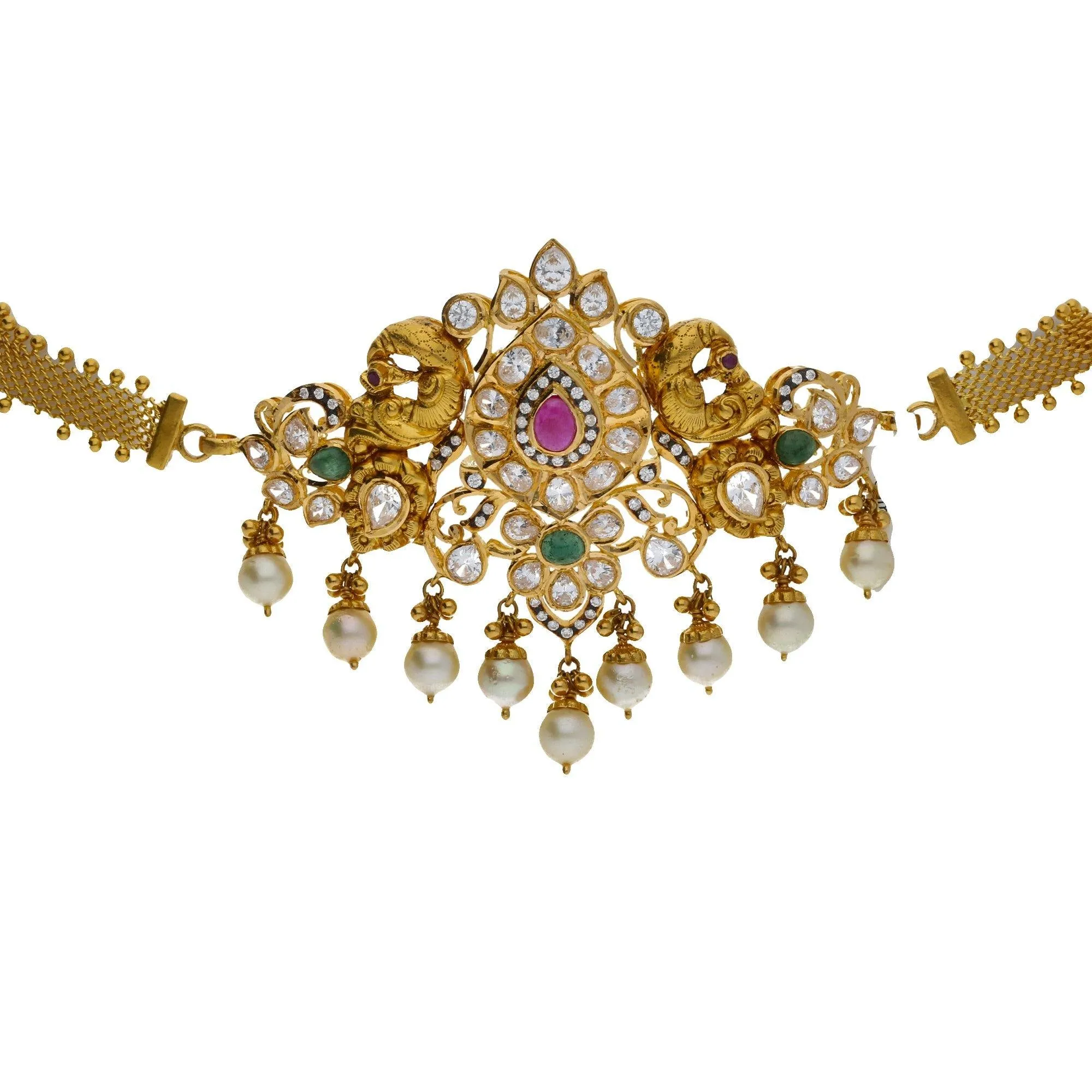 22K Yellow Antique Gold 2-in-1 Choker/Vanki & Earrings Set W/ Emerald, Ruby, CZ, Pearls & Asymettric Earring Designs