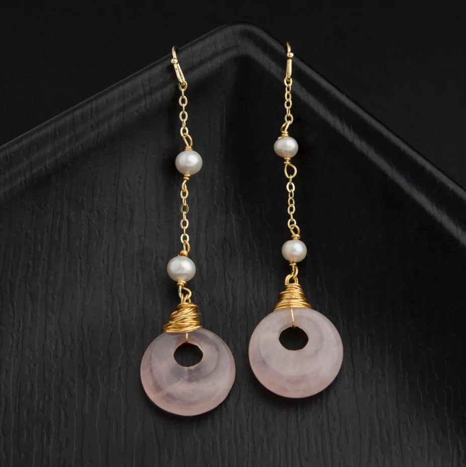 24 Carat Guaranteed Gold Plated Wire Wrapped Rose Quartz Disc With Dangling Chain  Freshwater Natural Cultural Pearl Beads Fashion Drop-PER 2136  Earring