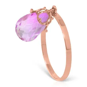 3 Carat 14K Solid Rose Gold Ring Dangling Briolette Pink Topaz