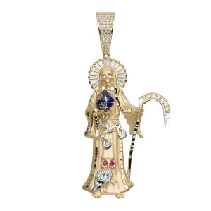 3" CZ Halo Santa Muerte Angel of Death Pendant Solid 10K Yellow White Gold