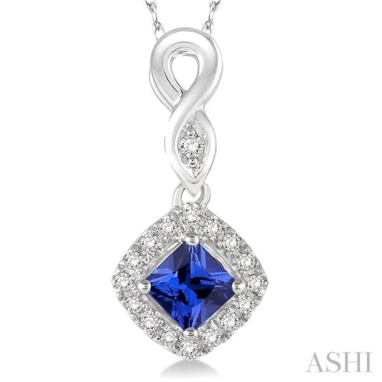 4x4 MM Cushion Shape Sapphire and 1/10 Ctw Round Cut Diamond Pendant in 14K White Gold with Chain