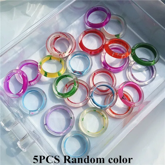 5pcs/1SET Korea 2021 Chic Colorful Transparent Resin Acrylic Rings Hot Morandi Color Women Party aesthetic Jewelry Ring Set