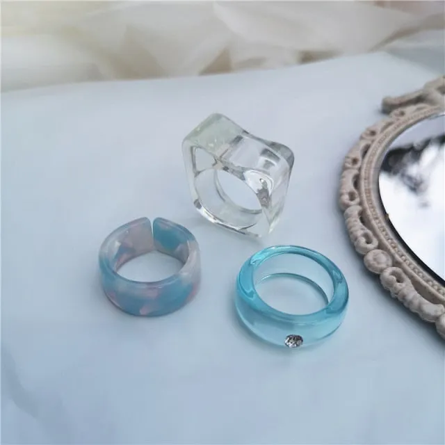 5pcs/1SET Korea 2021 Chic Colorful Transparent Resin Acrylic Rings Hot Morandi Color Women Party aesthetic Jewelry Ring Set