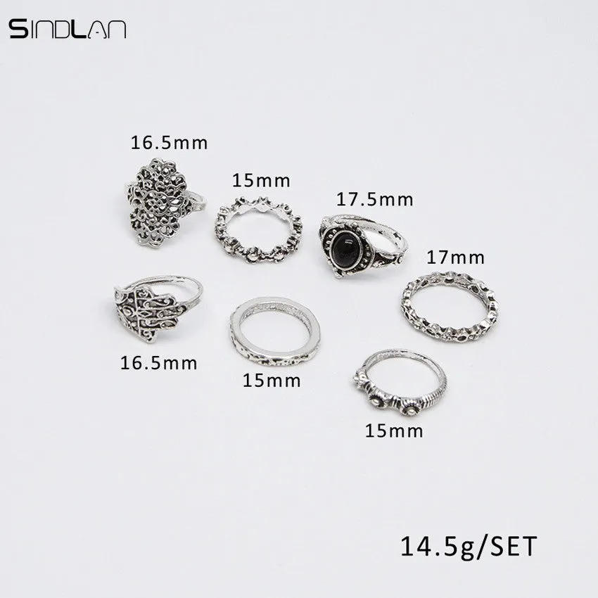 7pcs / set Black Resin Fatima Hand Hollow Flower Bohemian Ring For Women