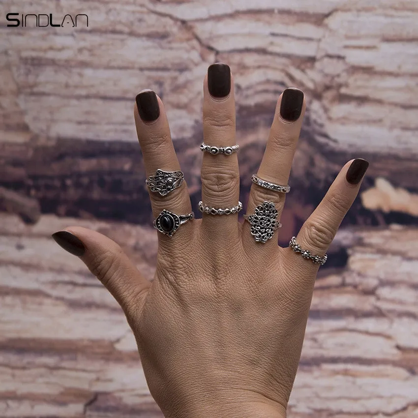 7pcs / set Black Resin Fatima Hand Hollow Flower Bohemian Ring For Women