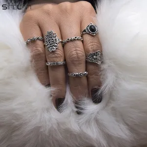 7pcs / set Black Resin Fatima Hand Hollow Flower Bohemian Ring For Women