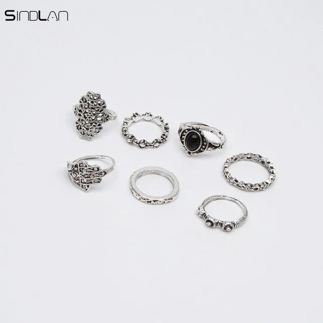 7pcs / set Black Resin Fatima Hand Hollow Flower Bohemian Ring For Women