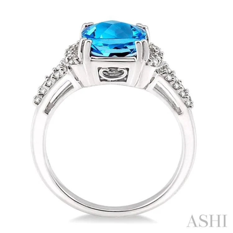 8x8 MM Cushion Shape Blue Topaz and 1/4 Ctw Round Cut Diamond Ring in 14K White Gold