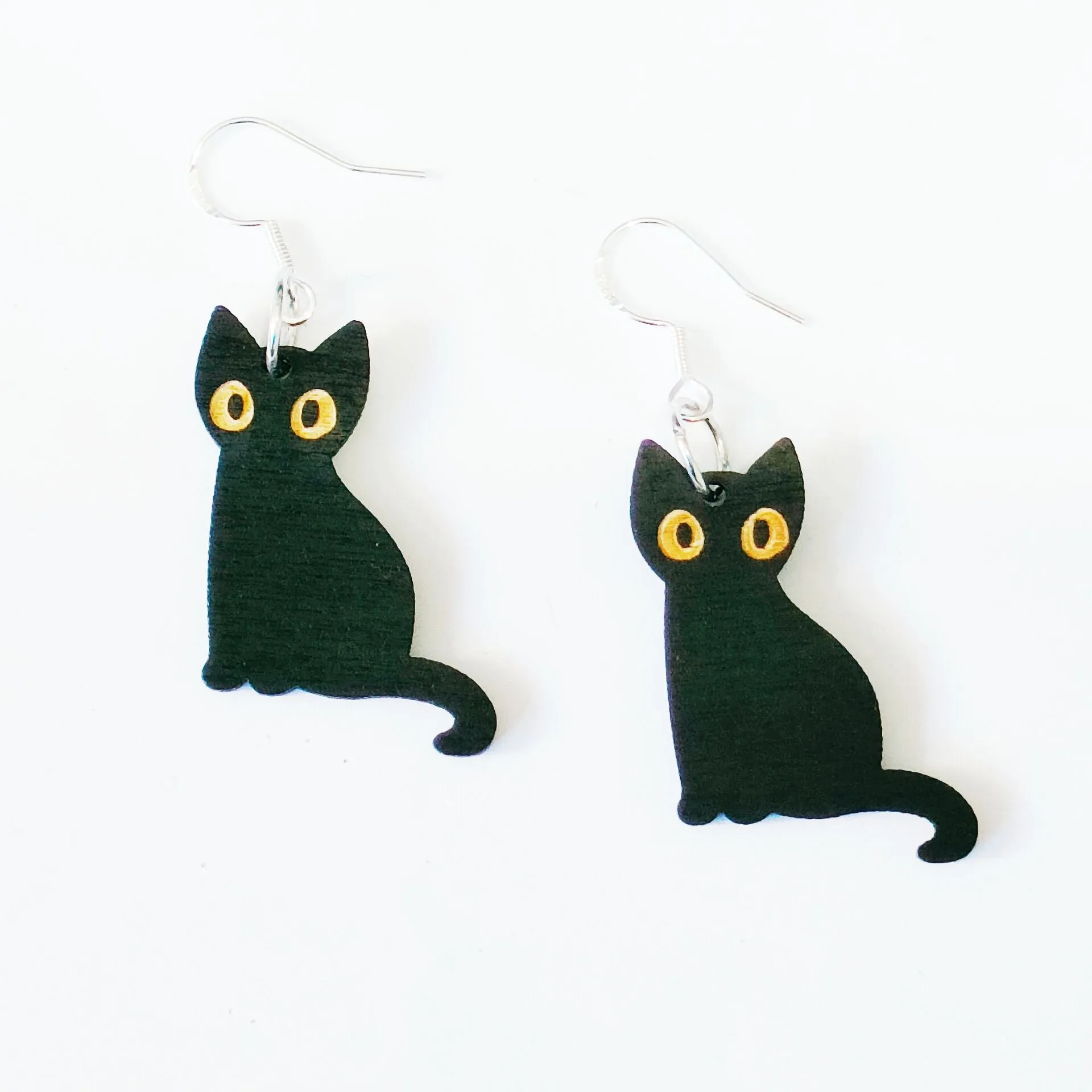 925 Silver Needle Black Cat Halloween Wooden Earrings