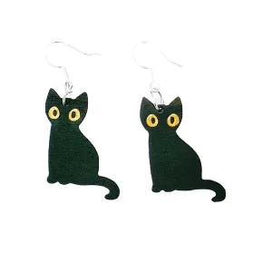 925 Silver Needle Black Cat Halloween Wooden Earrings