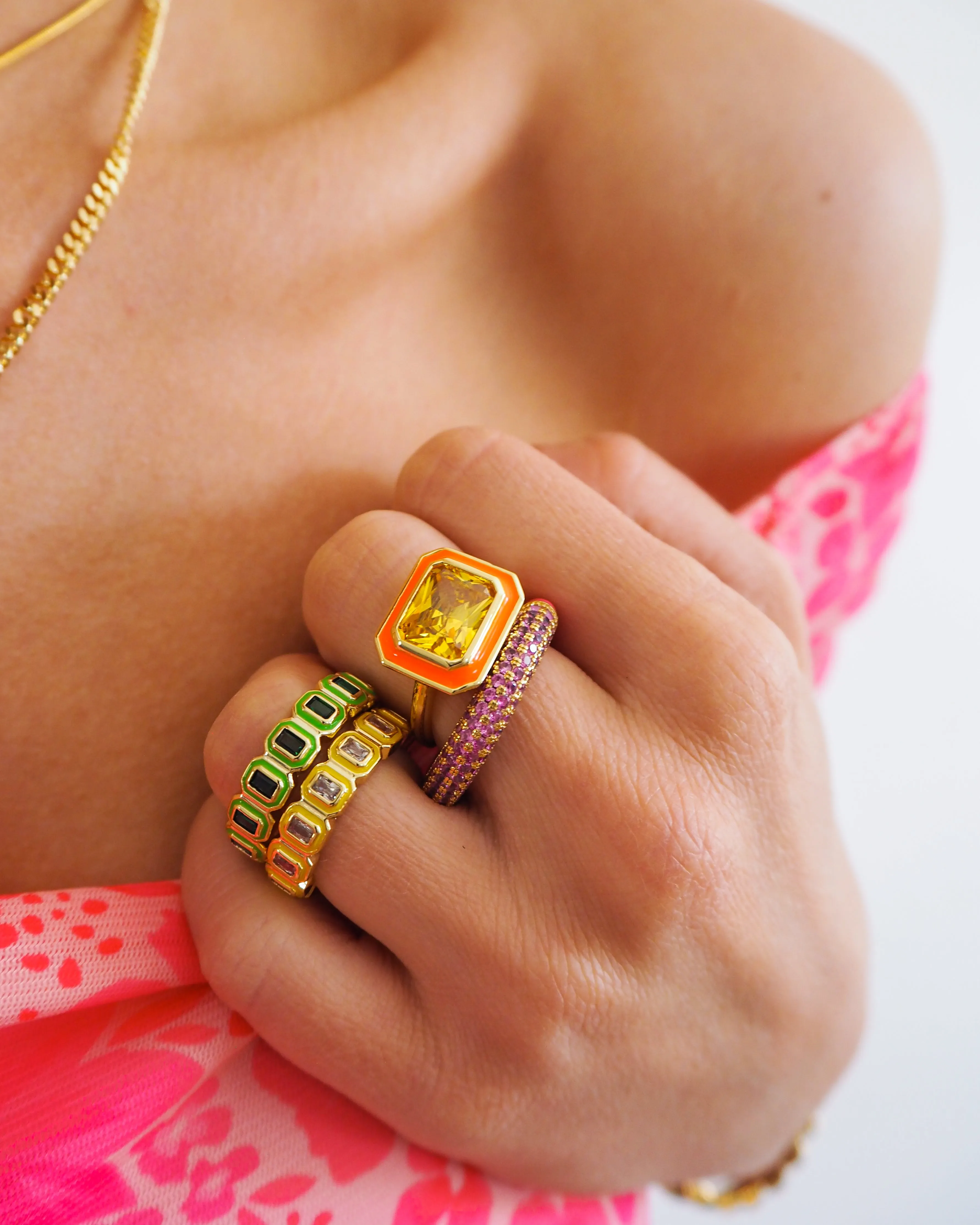 Bezel Statement Ring- Neon Orange- Gold