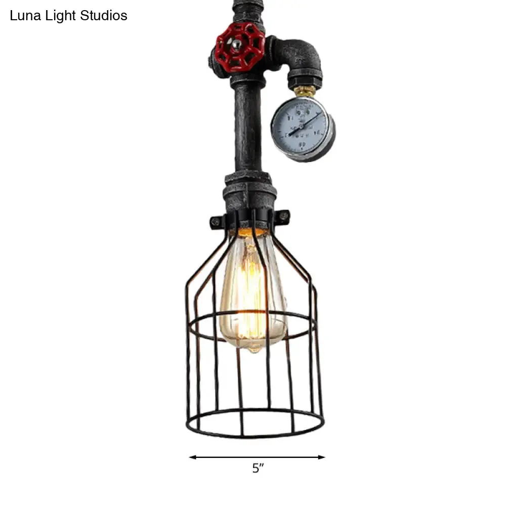 Black Iron Hanging Lamp with Wire Guard, Gauge, and Valve - Industrial Style