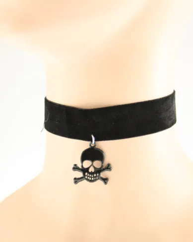 Black Velvet Choker with Black Skull &amp; Crossbone