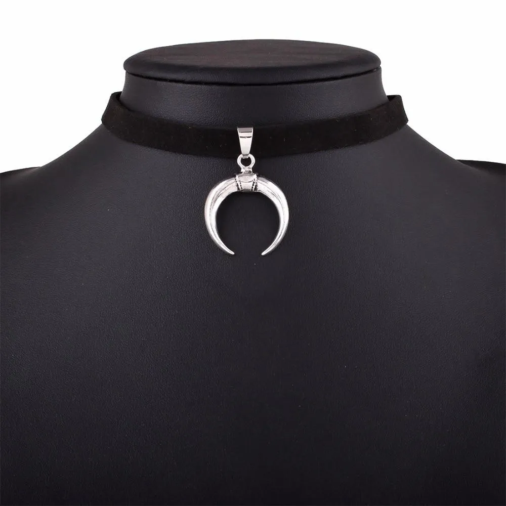 Black Velvet Collar Bondage in Gothic Style / Handmade Charm Moon Pendant