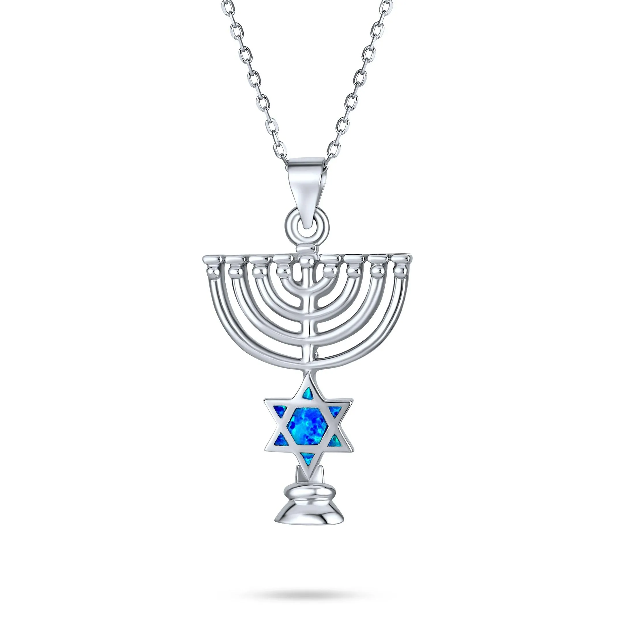 Blue Opal Judaica Hanukkah Menorah Star Of David Pendant Necklace Silver