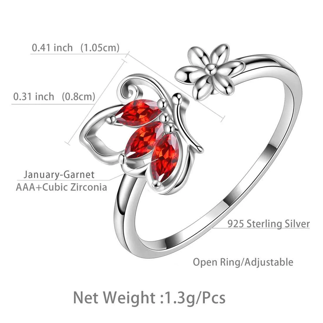 Butterfly Ring Open Birthstone January Garnet Women Girls Jewelry Birthday Gift