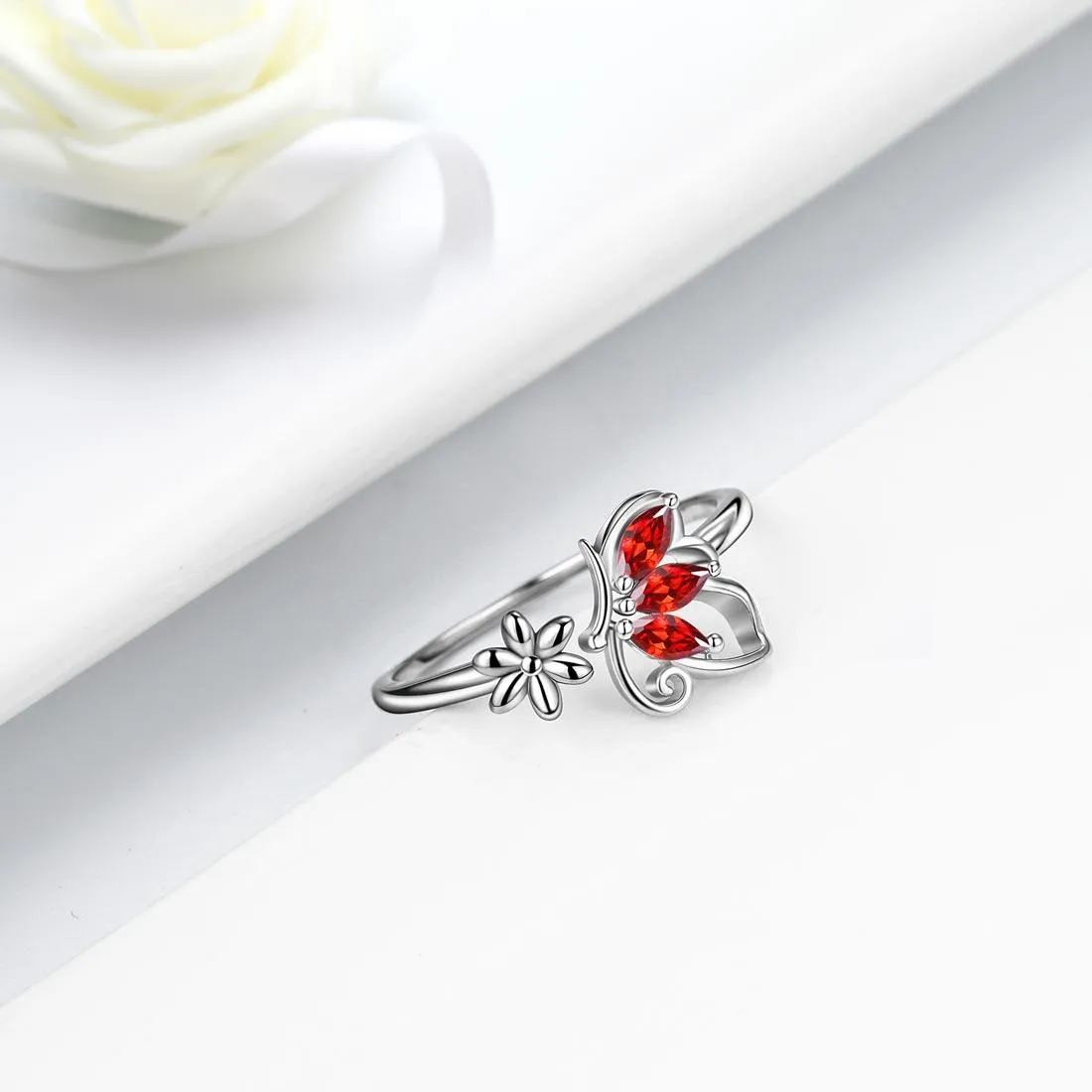 Butterfly Ring Open Birthstone January Garnet Women Girls Jewelry Birthday Gift