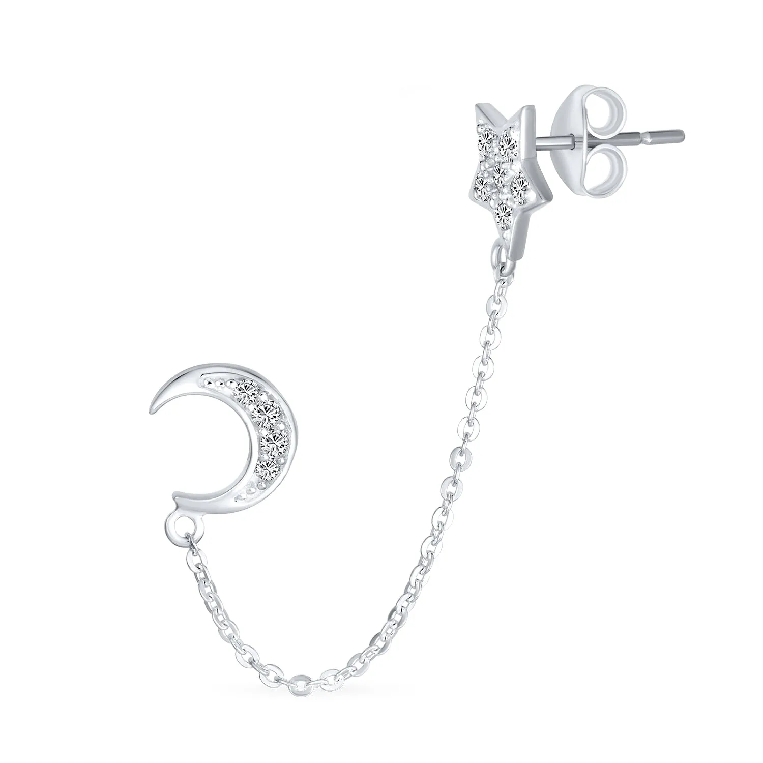 Celestial Crescent Moon Stars Ear Cuff Cartilage Chain & Ball Earrings Sterling Silver