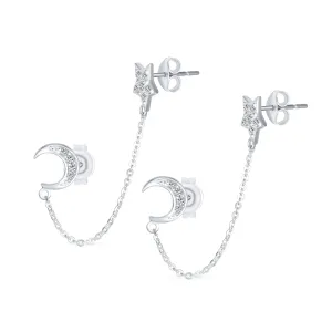 Celestial Crescent Moon Stars Ear Cuff Cartilage Chain & Ball Earrings Sterling Silver