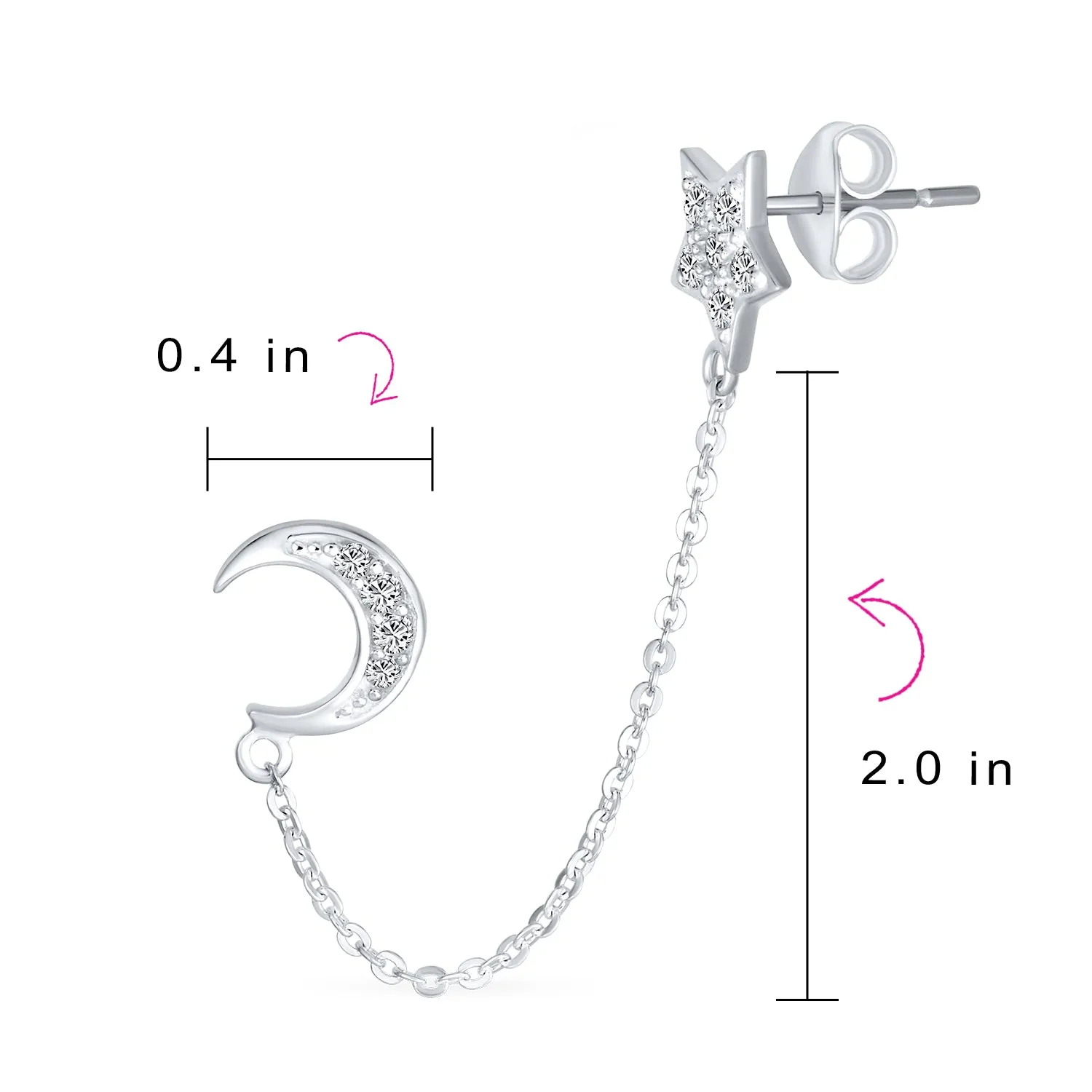 Celestial Crescent Moon Stars Ear Cuff Cartilage Chain & Ball Earrings Sterling Silver