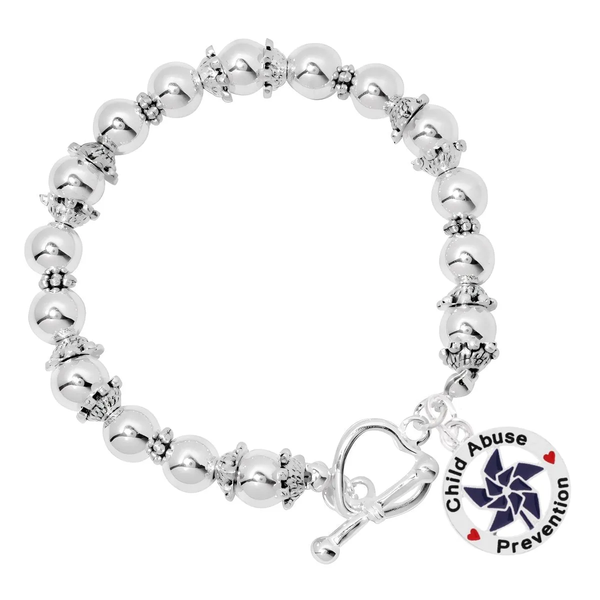 Child Abuse Prevention Blue Pinwheel Charm Silver Beaded Bracelets