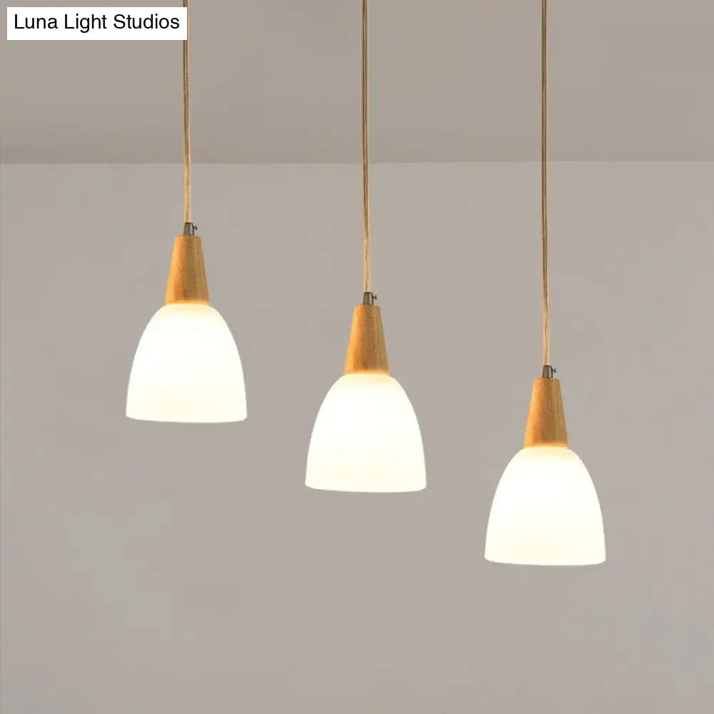 Contemporary Frosted Glass Dome Pendant: 3-Light Beige Suspension Lamp with Wood Top