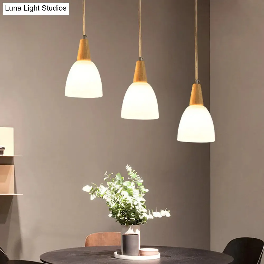 Contemporary Frosted Glass Dome Pendant: 3-Light Beige Suspension Lamp with Wood Top