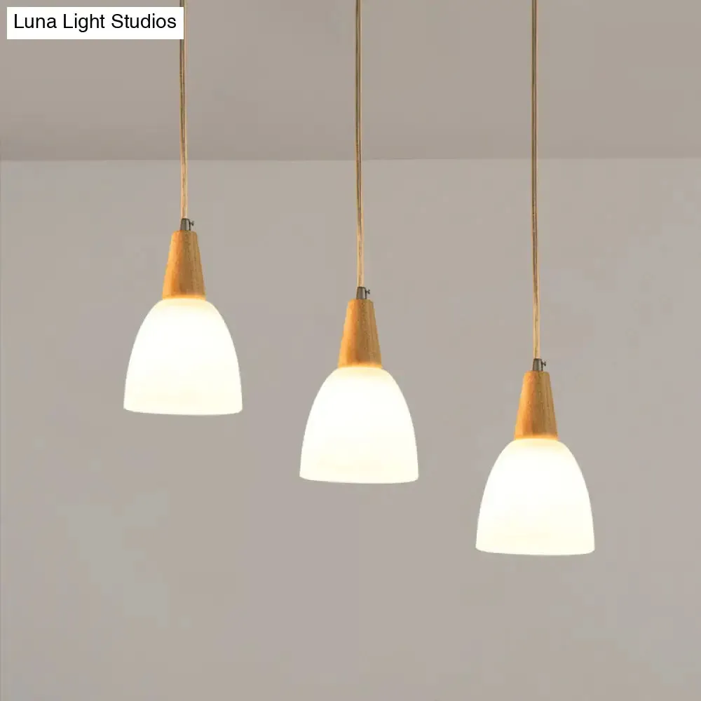 Contemporary Frosted Glass Dome Pendant: 3-Light Beige Suspension Lamp with Wood Top