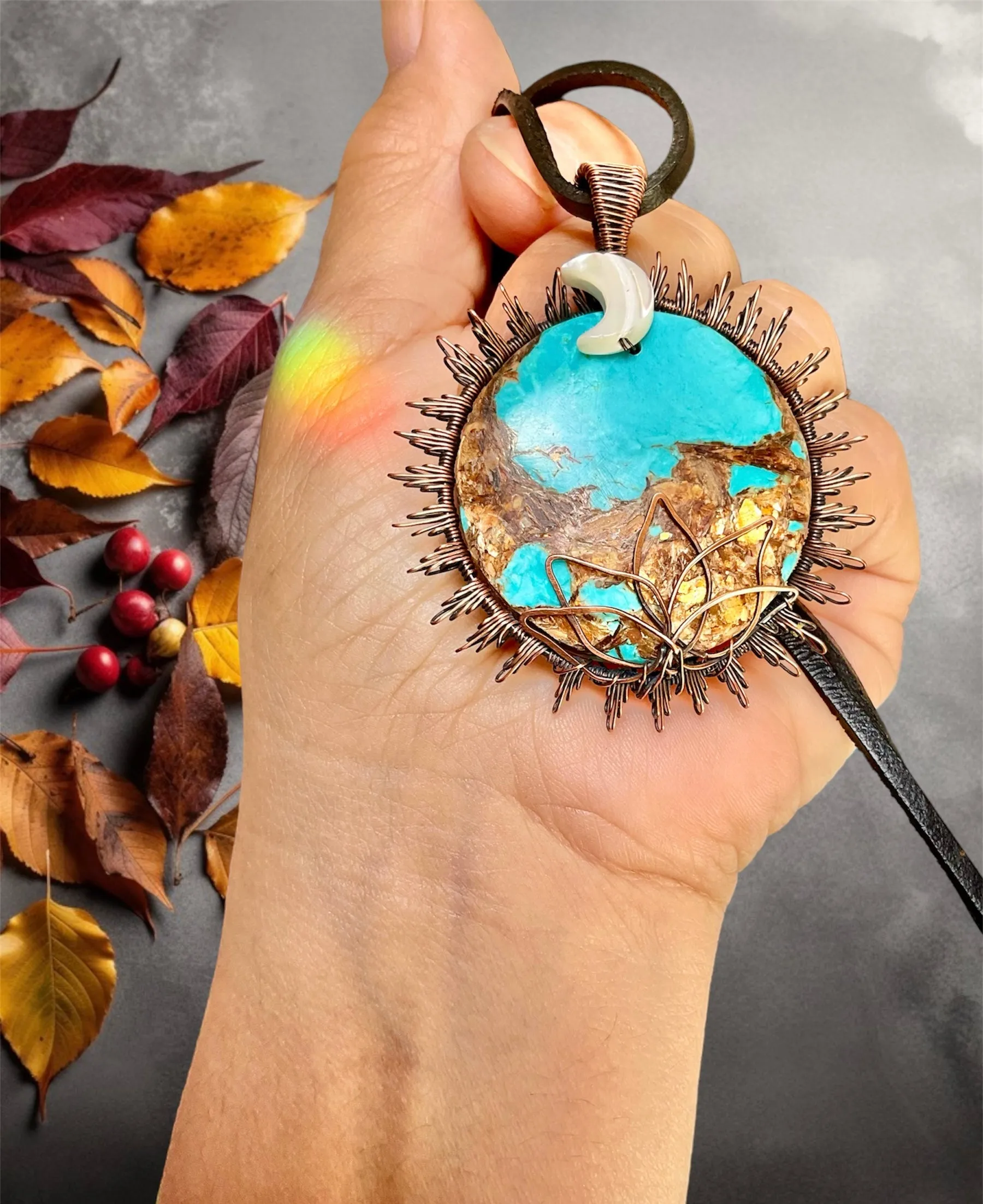 Copper Turquoise Sun, Moon & Lotus Pendant