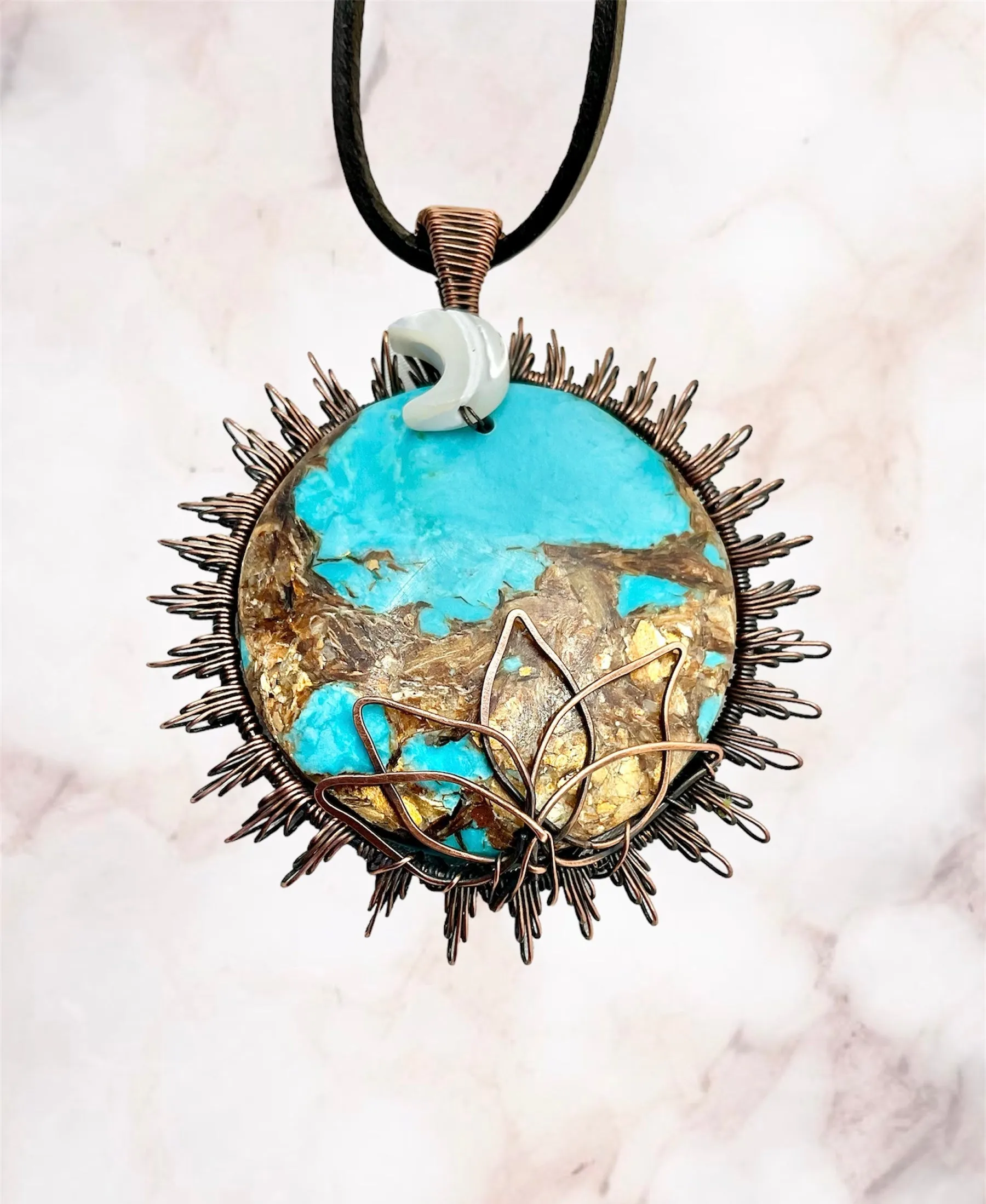 Copper Turquoise Sun, Moon & Lotus Pendant