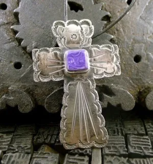 De La Rosa Sterling Silver and Sugilite Cross Pendant